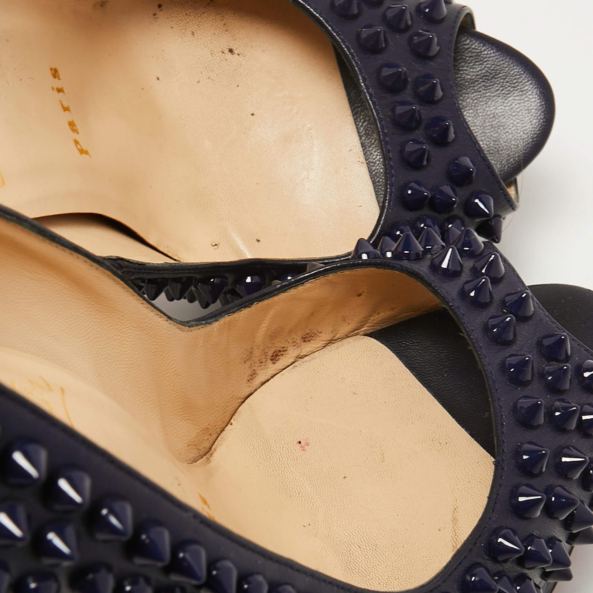 Christian Louboutin Navy Blue Leather Lady Peep Spikes Pumps Size 36 For Sale 2
