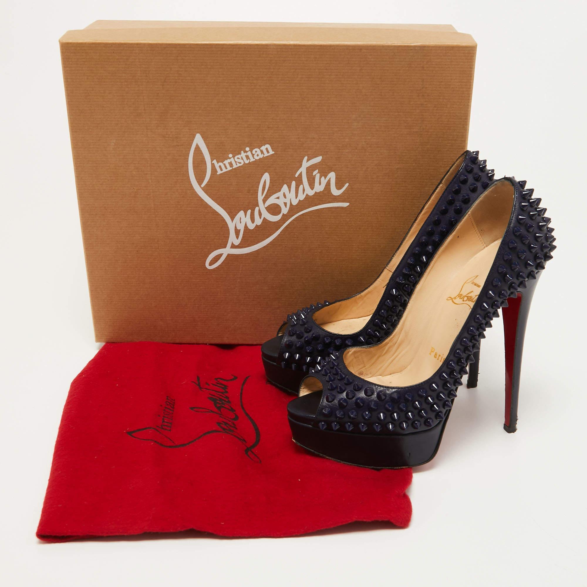 Christian Louboutin Navy Blue Leather Lady Peep Spikes Pumps Size 36 For Sale 3