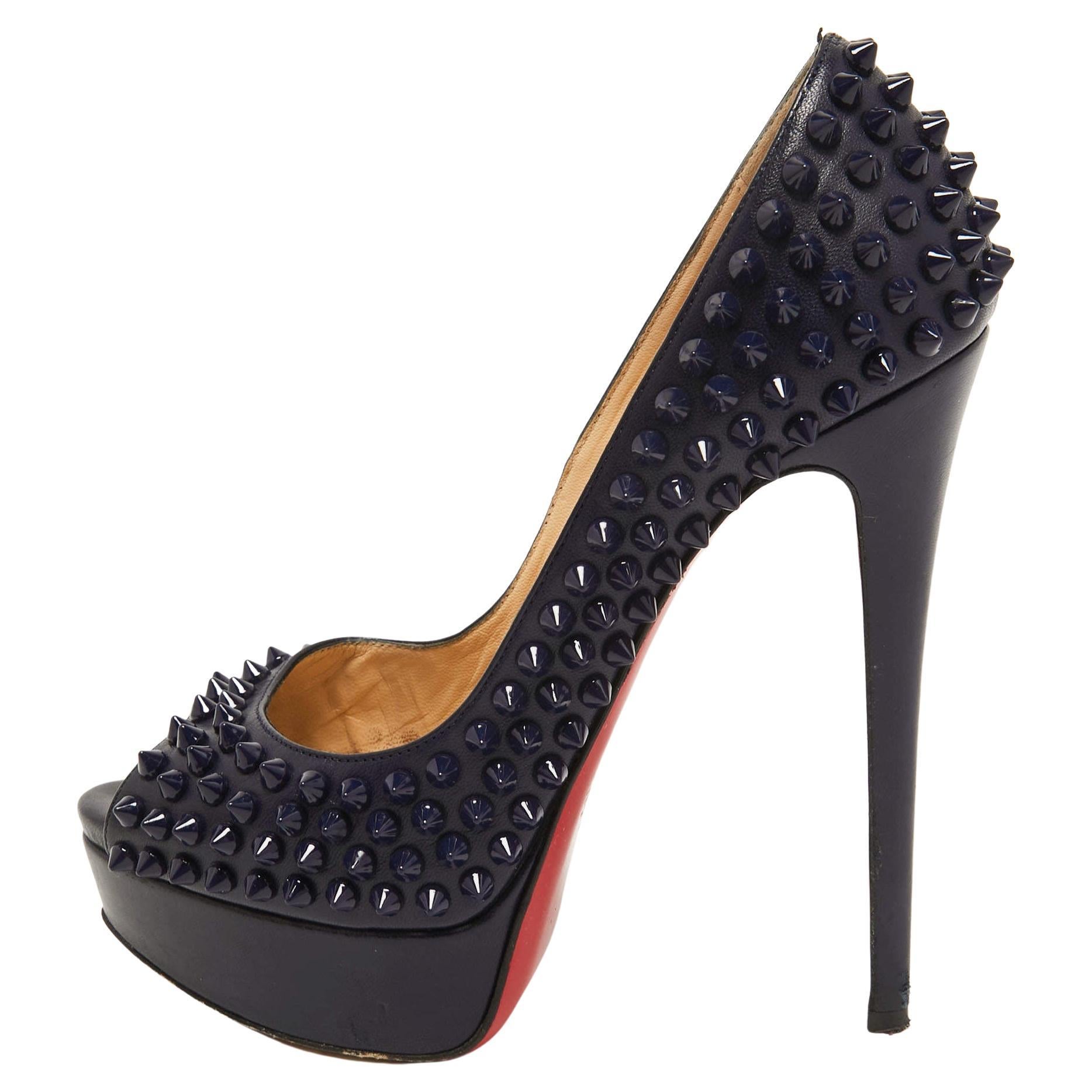 Christian Louboutin Navy Blue Leather Lady Peep Spikes Pumps Size 36 For Sale