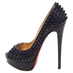 Christian Louboutin Navy Blue Leather Lady Peep Spikes Pumps Size 36