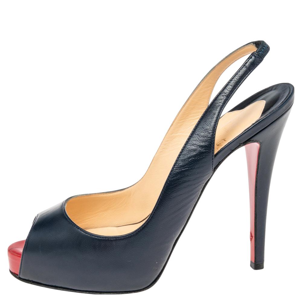 Black Christian Louboutin Navy Blue Leather Private Number Slingback Sandals Size 38
