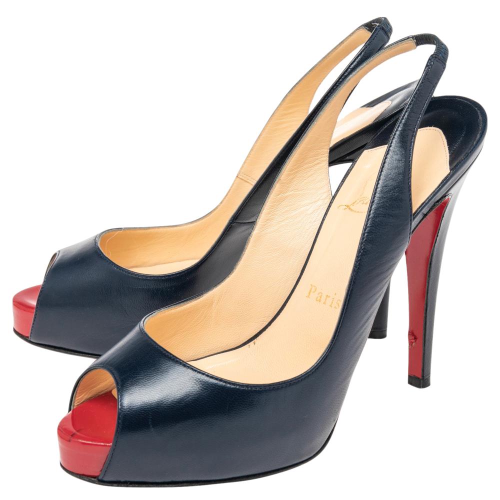 Women's Christian Louboutin Navy Blue Leather Private Number Slingback Sandals Size 38
