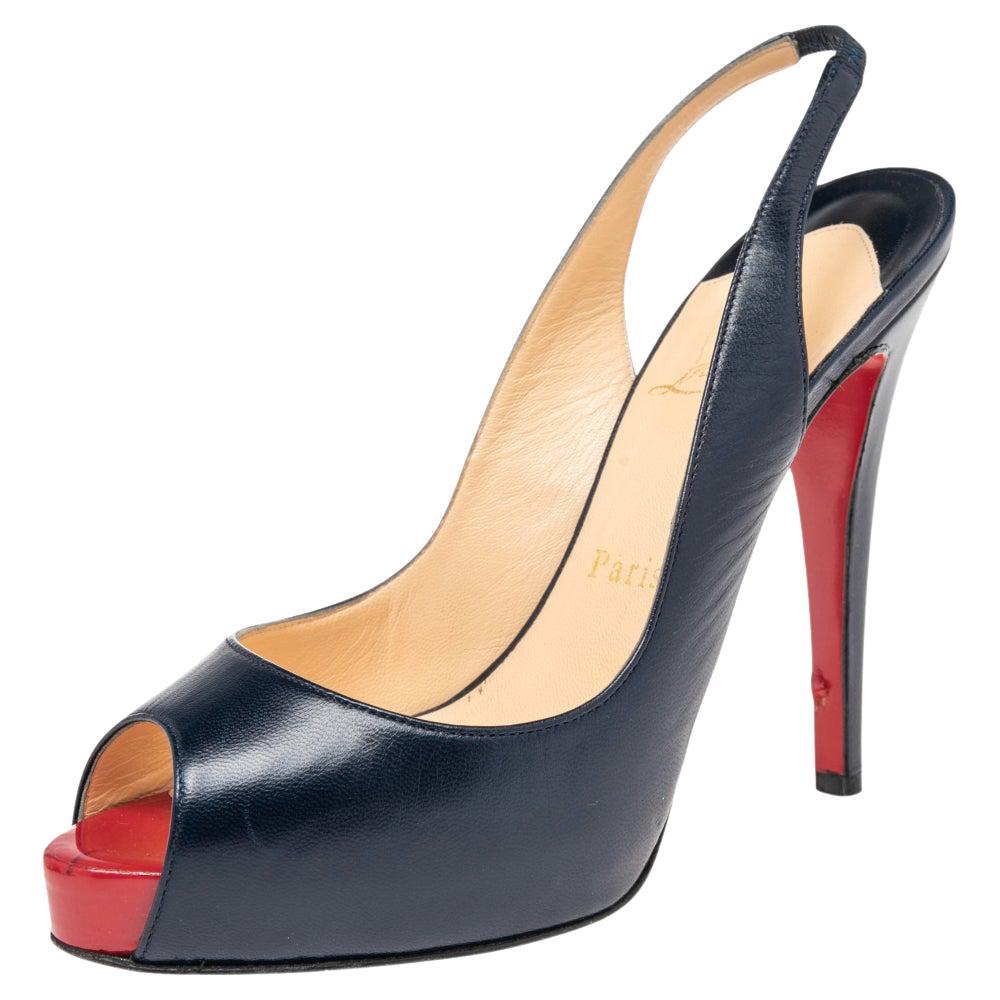 Christian Louboutin Navy Blue Leather Private Number Slingback Sandals Size 38
