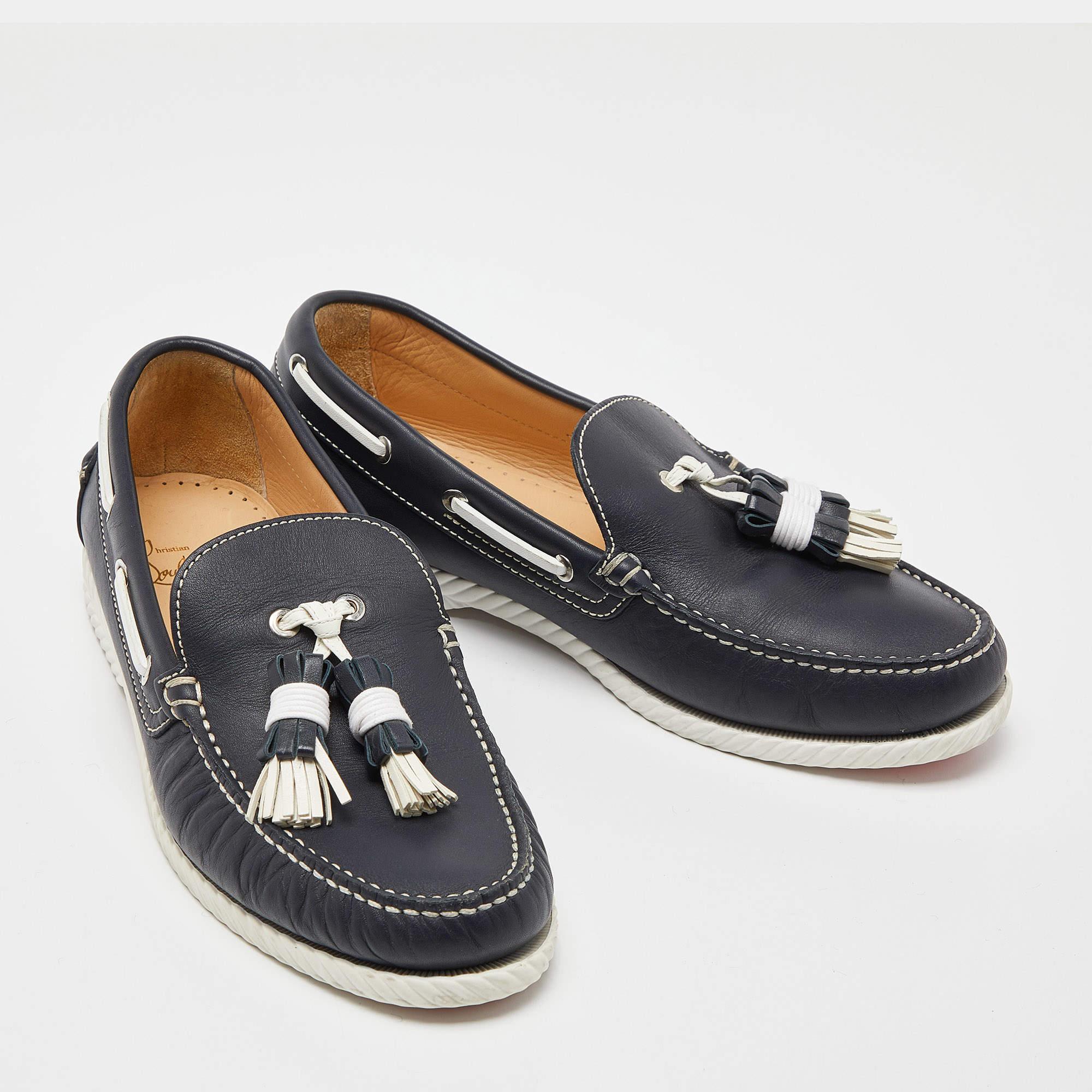 Christian Louboutin Navy Blue Leather Tassel Boat Loafers Size 42 1