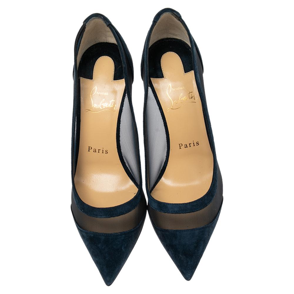 Steal the spotlight in these gorgeous pumps from Christian Louboutin! The shoes have been crafted from navy blue suede and mesh into a pointed-toe style. They carry comfortable leather-lined insoles and stand tall on 10.5 cm stiletto heels. They are