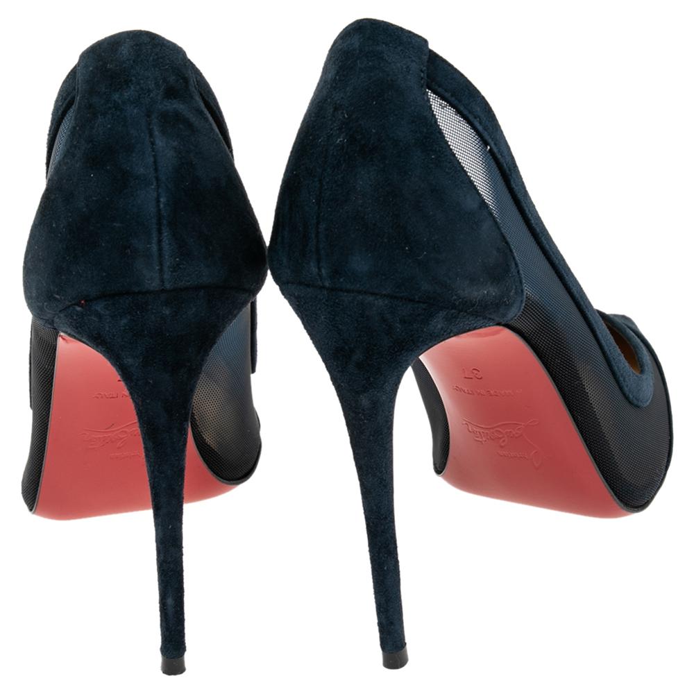 Black Christian Louboutin Navy Blue Mesh And Suede Panel Pumps Size 37