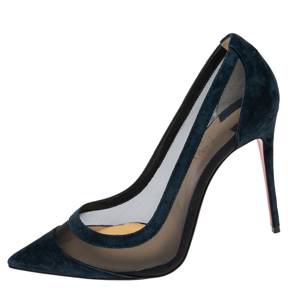 Women's Christian Louboutin Navy Blue Mesh And Suede Panel Pumps Size 37