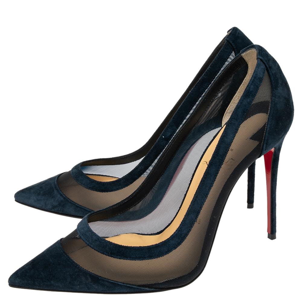 Christian Louboutin Navy Blue Mesh And Suede Panel Pumps Size 37 2