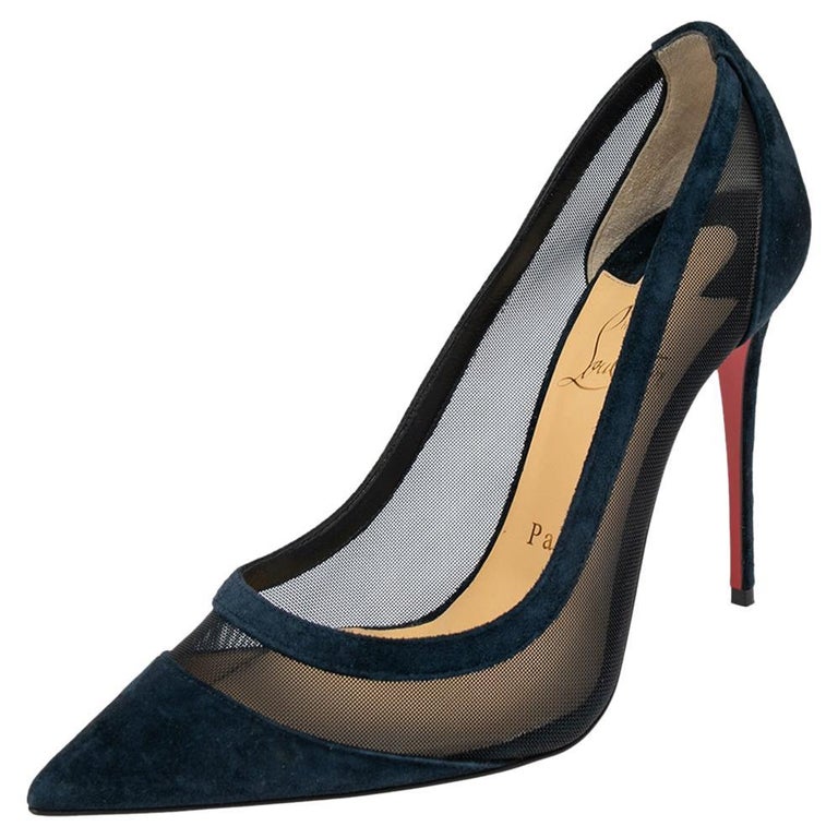 Louboutin Navy Blue Mesh And Suede Panel Pumps Size at 1stDibs