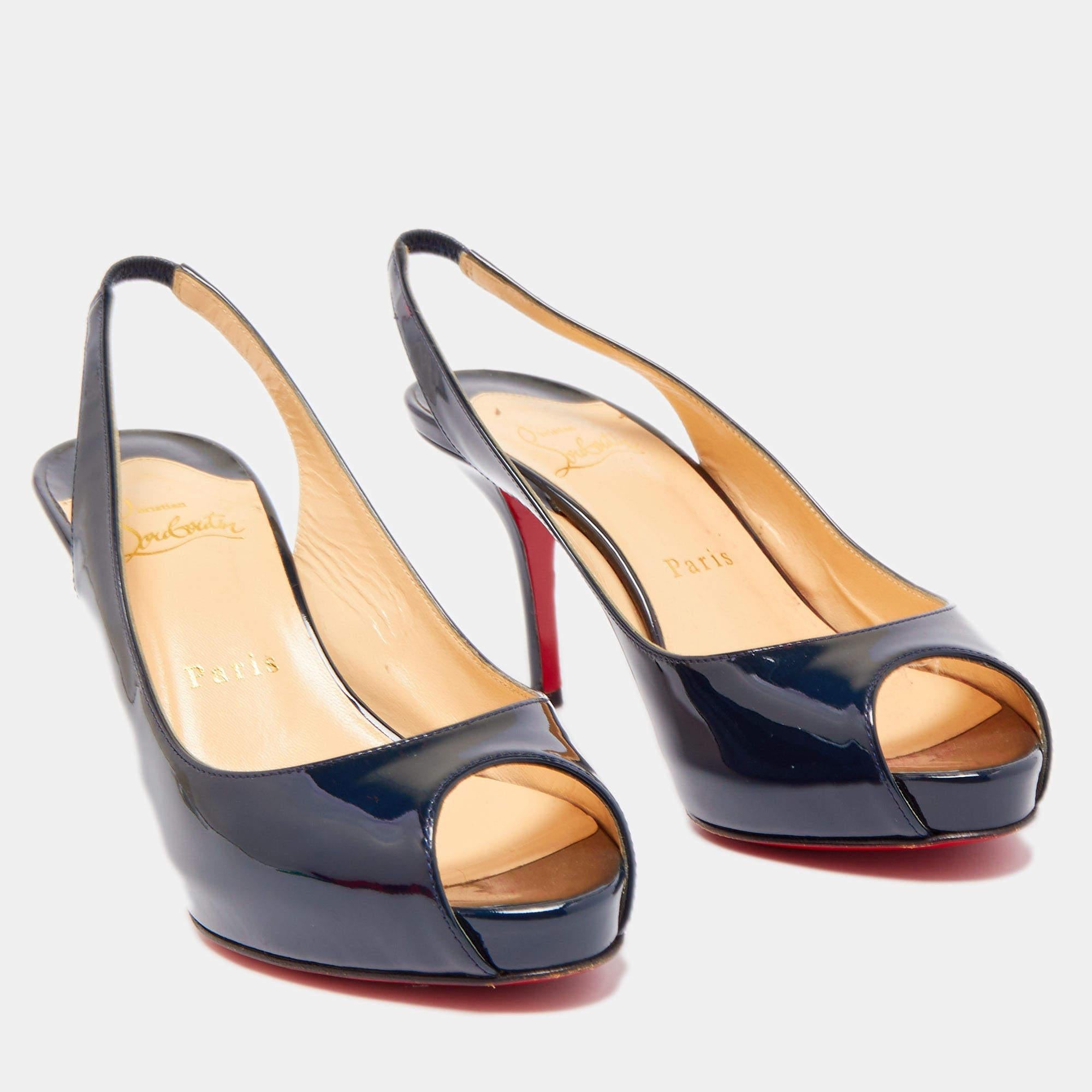 Christian Louboutin Navy Blue Patent Leather Private Number Peep Toe Slingback S In Good Condition In Dubai, Al Qouz 2