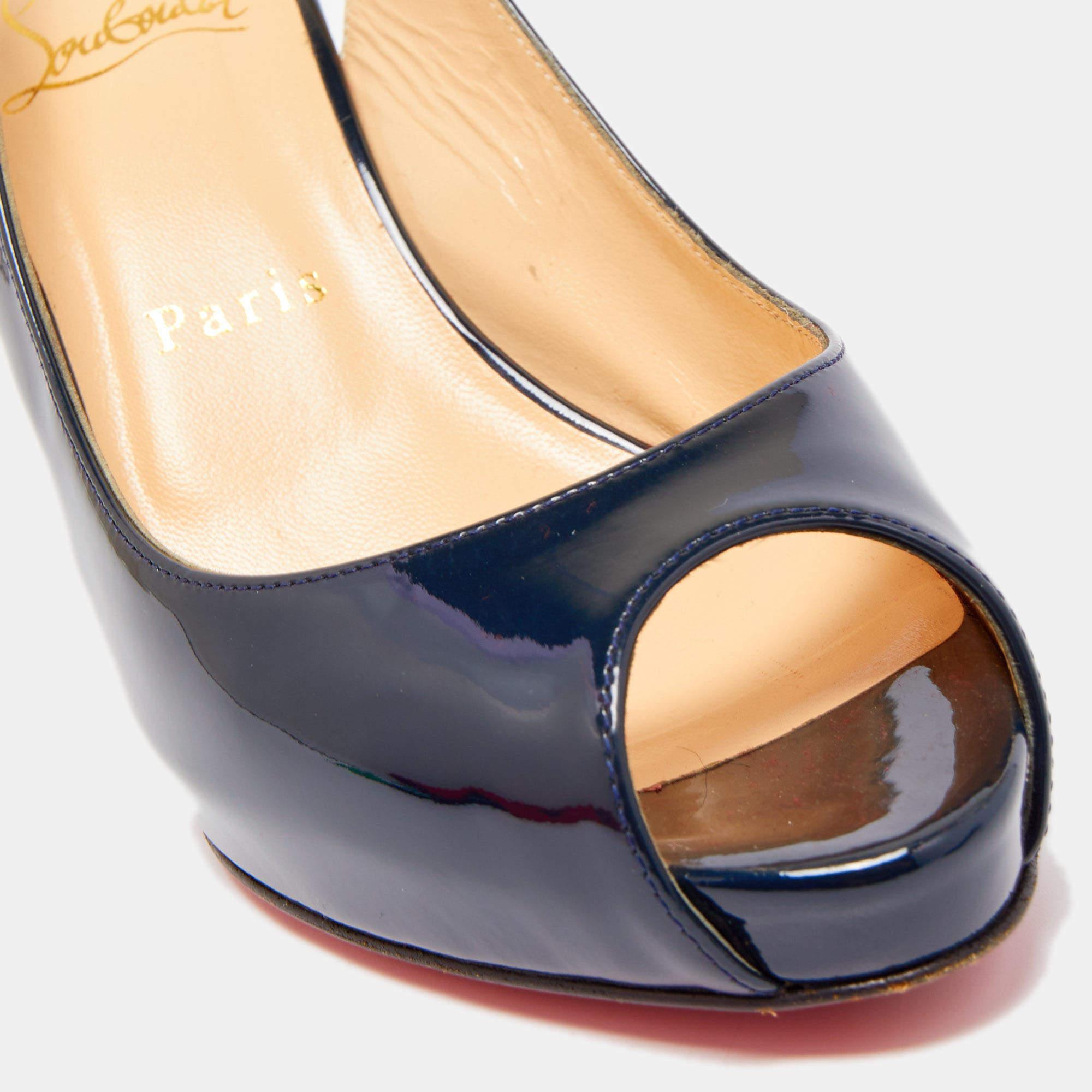 Women's Christian Louboutin Navy Blue Patent Leather Private Number Peep Toe Slingback S