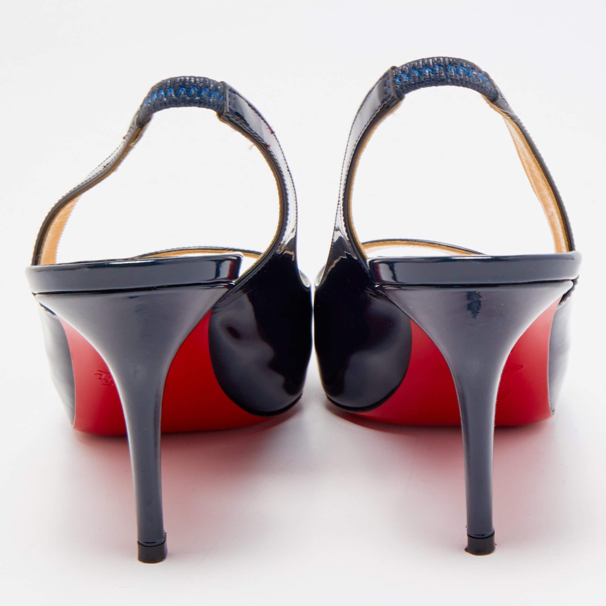 Christian Louboutin Navy Blue Patent Leather Private Number Peep Toe Slingback S 2
