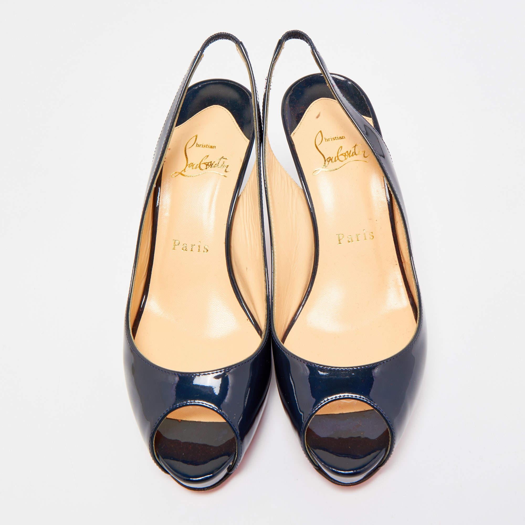 Christian Louboutin Navy Blue Patent Leather Private Number Peep Toe Slingback S 3