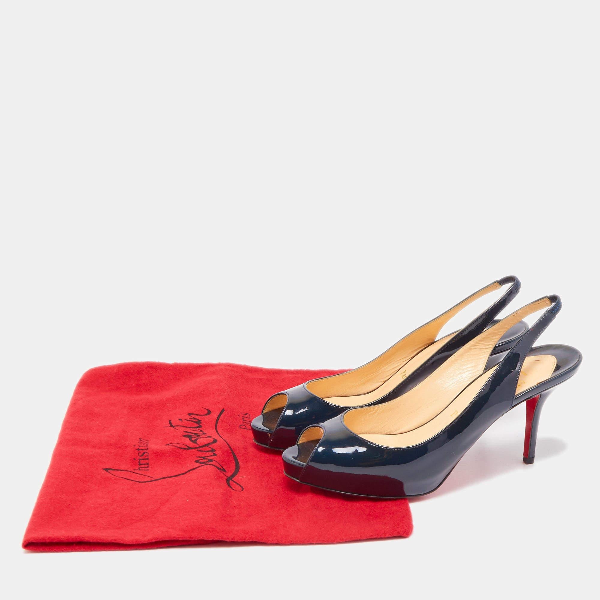 Christian Louboutin Navy Blue Patent Leather Private Number Peep Toe Slingback S 5