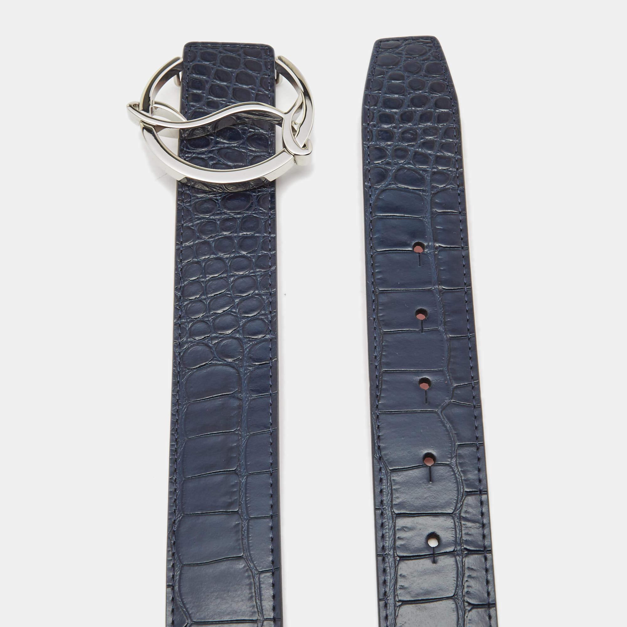 Christian Louboutin Navy Blue/Red Croc Embossed and Leather CL Logo Belt In New Condition In Dubai, Al Qouz 2