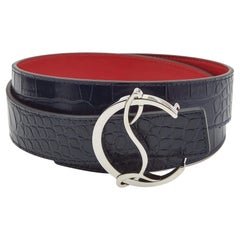 Christian Louboutin Navy Blue/Red Croc Embossed and Leather CL Logo Belt