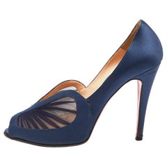 Christian Louboutin Navy Blue Satin Papilipi Peep Tote Pumps Size 40.5