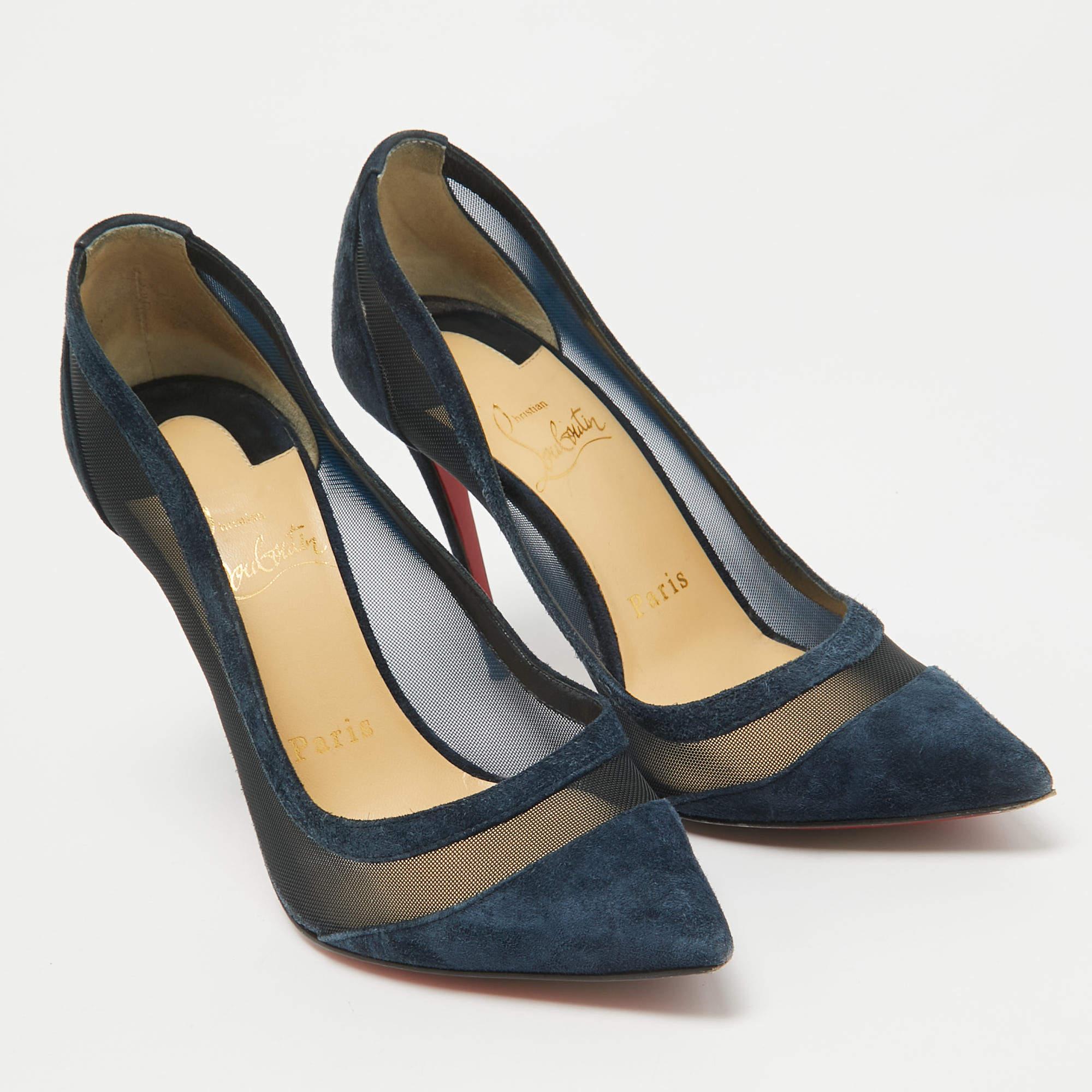 Christian Louboutin Navy Blue Suede and Mesh Galativi Pumps Size 35.5 In Good Condition In Dubai, Al Qouz 2