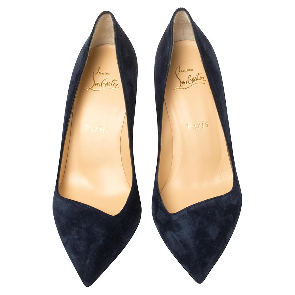 Crafted from suede, these navy blue pumps from Christian Louboutin are bound to look perfect when paired with your fashionable ensembles. They feature pointed toes, diagonally cut vamps, 9 cm heels, and the signature red-lacquered soles.

Includes: