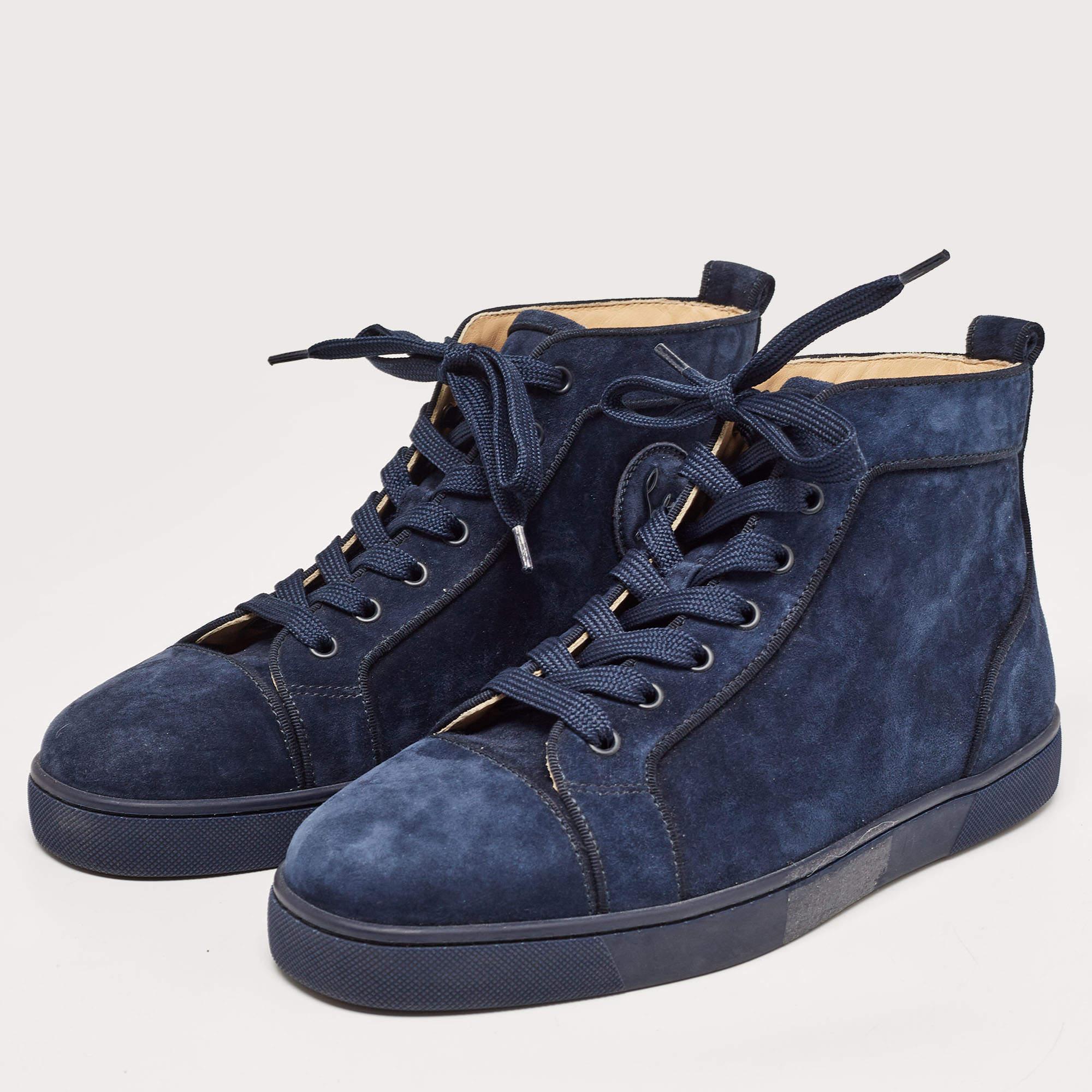 Men's Christian Louboutin Navy Blue Suede High Top Sneakers Size 41 For Sale