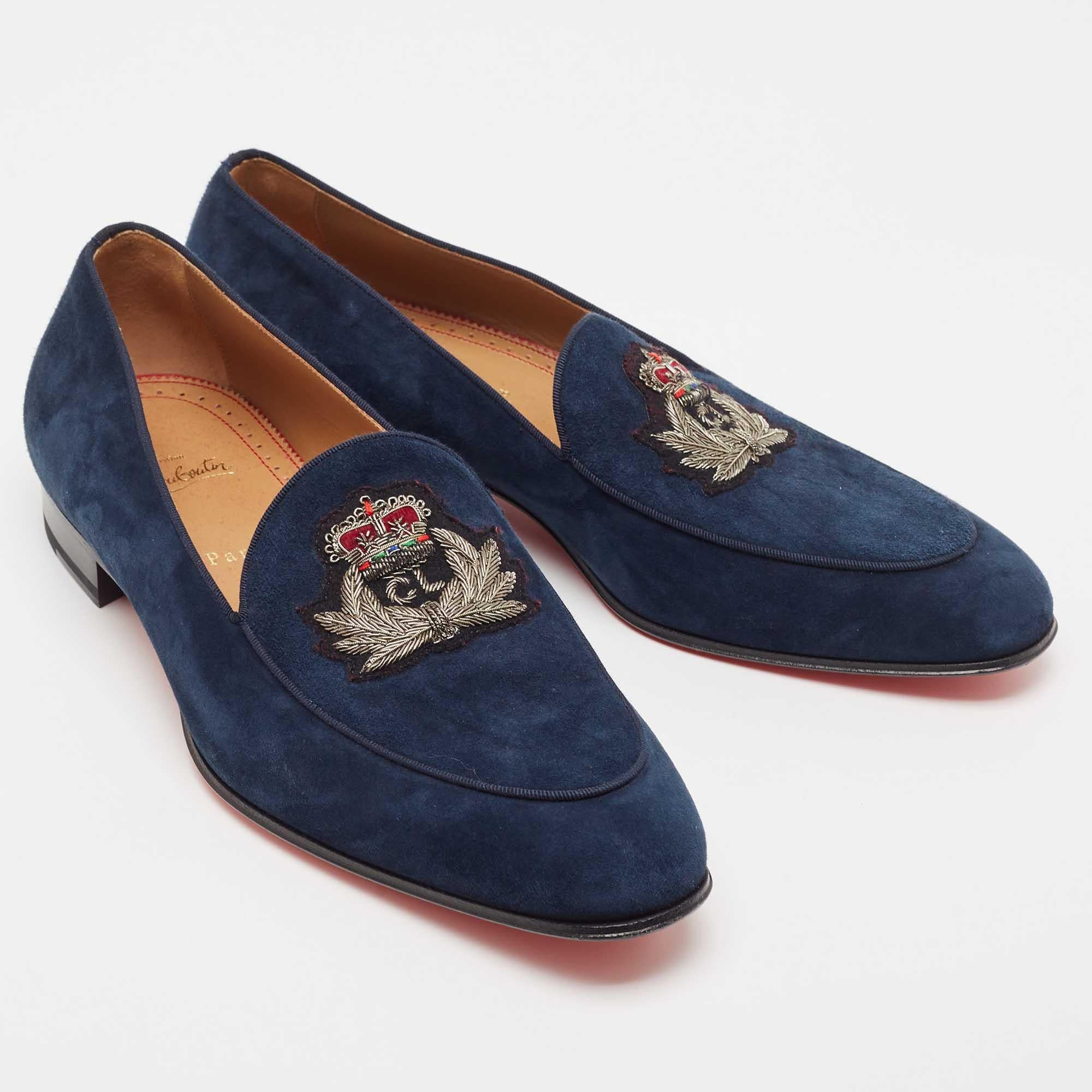 Black Christian Louboutin Navy Blue Suede Nile Loafers Size 43