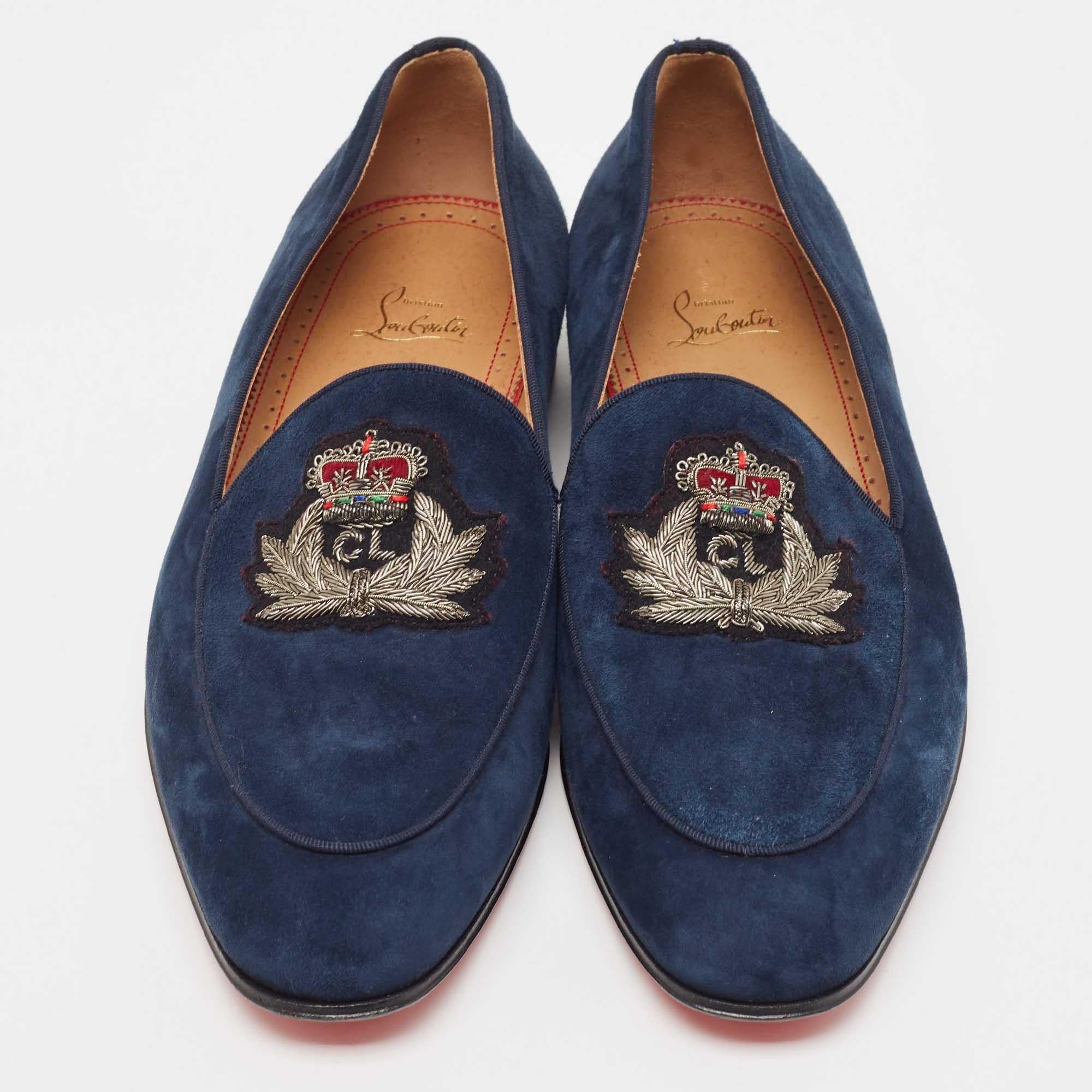 Christian Louboutin Navy Blue Suede Nile Loafers Size 43 In New Condition In Dubai, Al Qouz 2