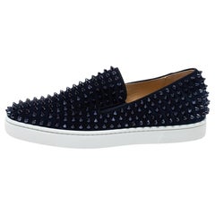 Christian Louboutin Navy Blue Suede Roller Boat Spiked Slip On Sneakers Size 40