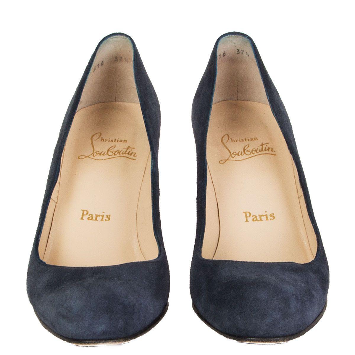 100% authentic Christian Louboutin 'Simple Pump' round-toe Classic Pumps in navy blue suede. Have been worn and are in excellent condition. 

Measurements
Imprinted Size	37.5
Shoe Size	37.5
Inside Sole	24.5cm (9.6in)
Width	7.5cm (2.9in)
Heel	8.5cm