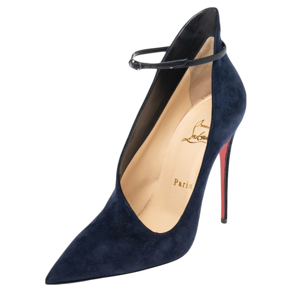 Christian Louboutin Navy Blue Suede Vampydolly Ankle Booties Size 37 In Good Condition In Dubai, Al Qouz 2