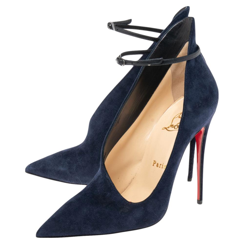 Women's Christian Louboutin Navy Blue Suede Vampydolly Ankle Booties Size 37