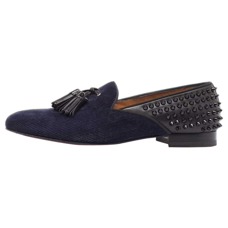 Christian Louboutin Navy Blue Velvet and Leather Tassilo Spike Loafers Size 42.5
