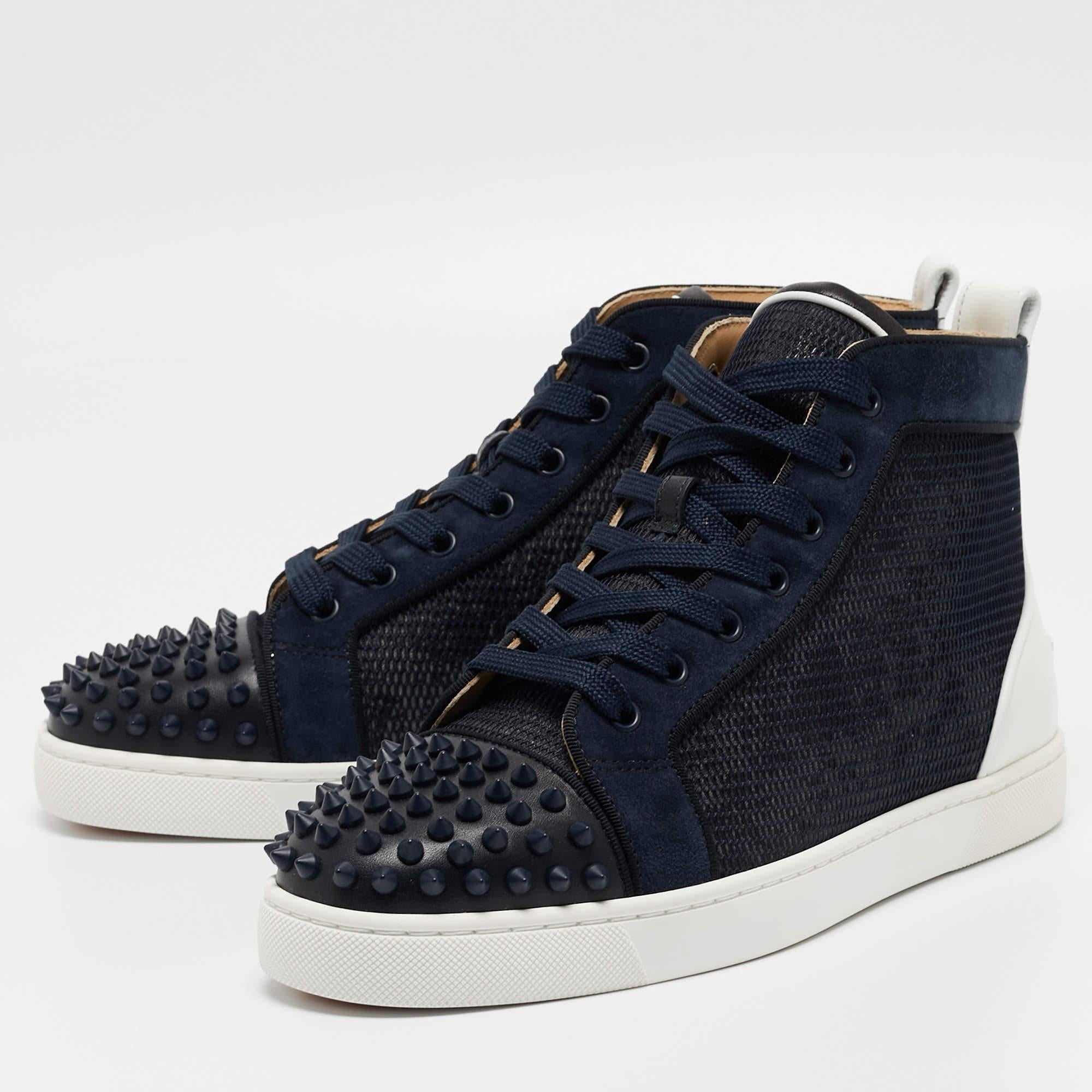 Christian Louboutin Navy Blue/White Leather Lou Spike Orlato Sneakers Size41 In Excellent Condition In Dubai, Al Qouz 2