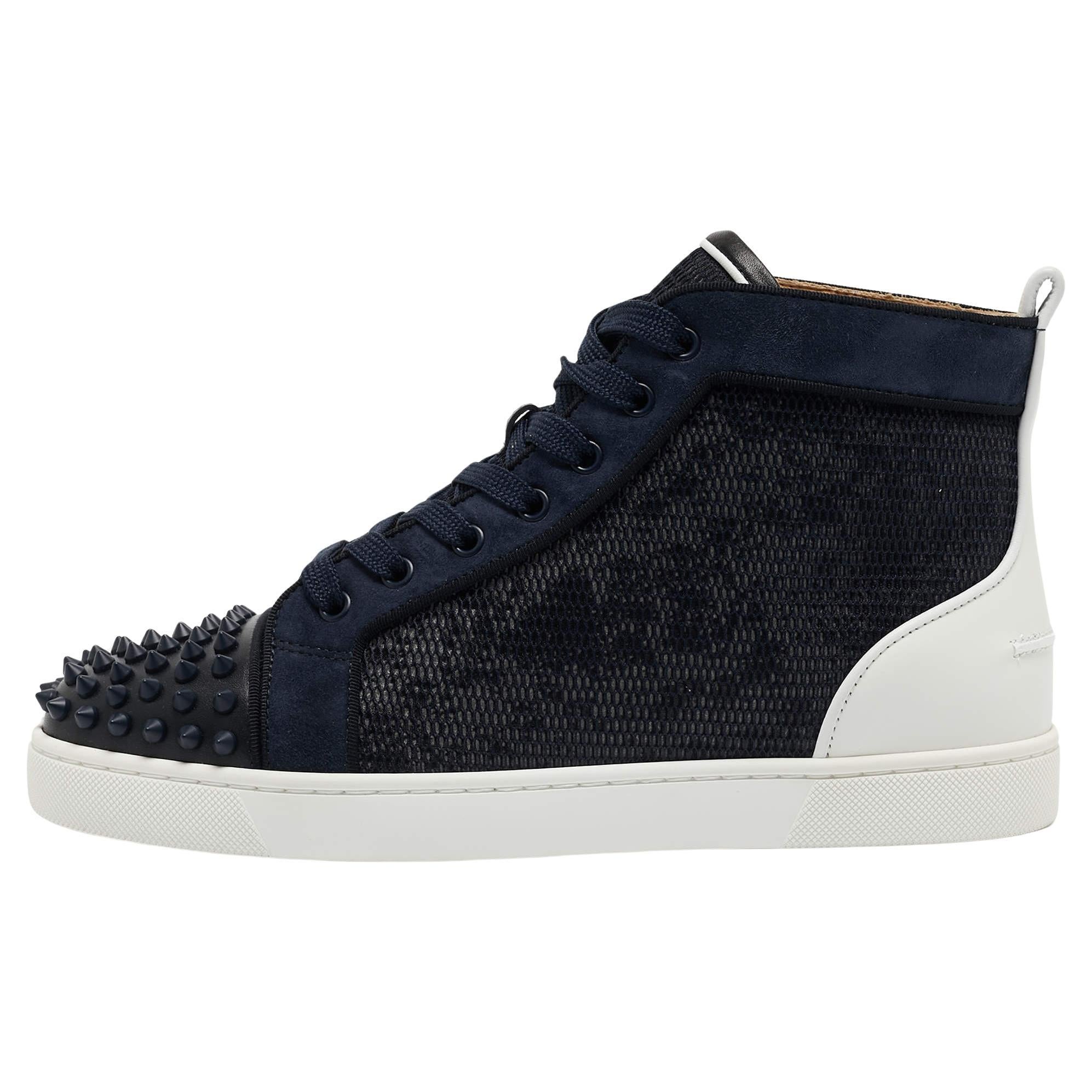 Christian Louboutin Navy Blue/White Leather Lou Spike Orlato Sneakers Size41