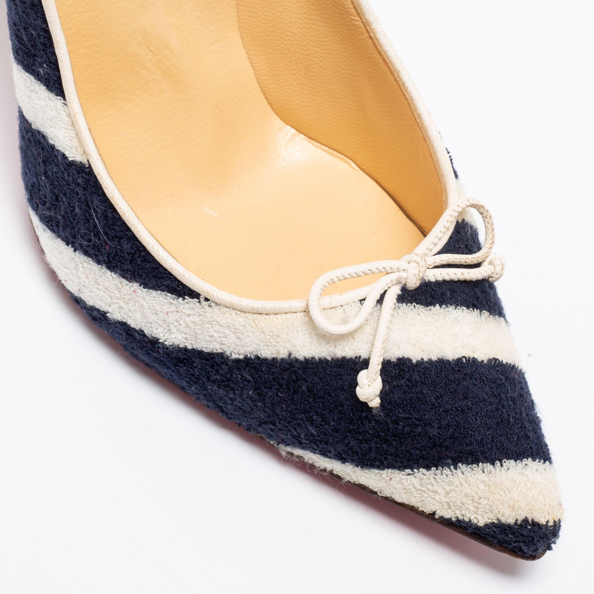 Beige Christian Louboutin Navy Blue/White Striped Terry Fabric Decollete Spa Pumps For Sale