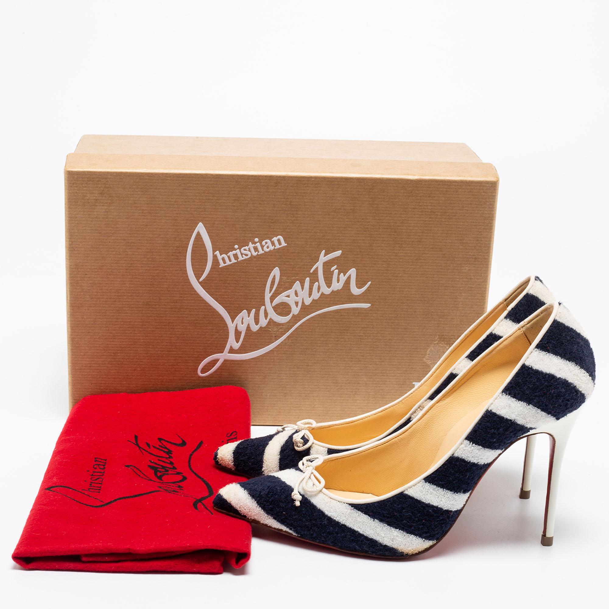 Christian Louboutin Navy Blue/White Striped Terry Fabric Decollete Spa Pumps For Sale 2