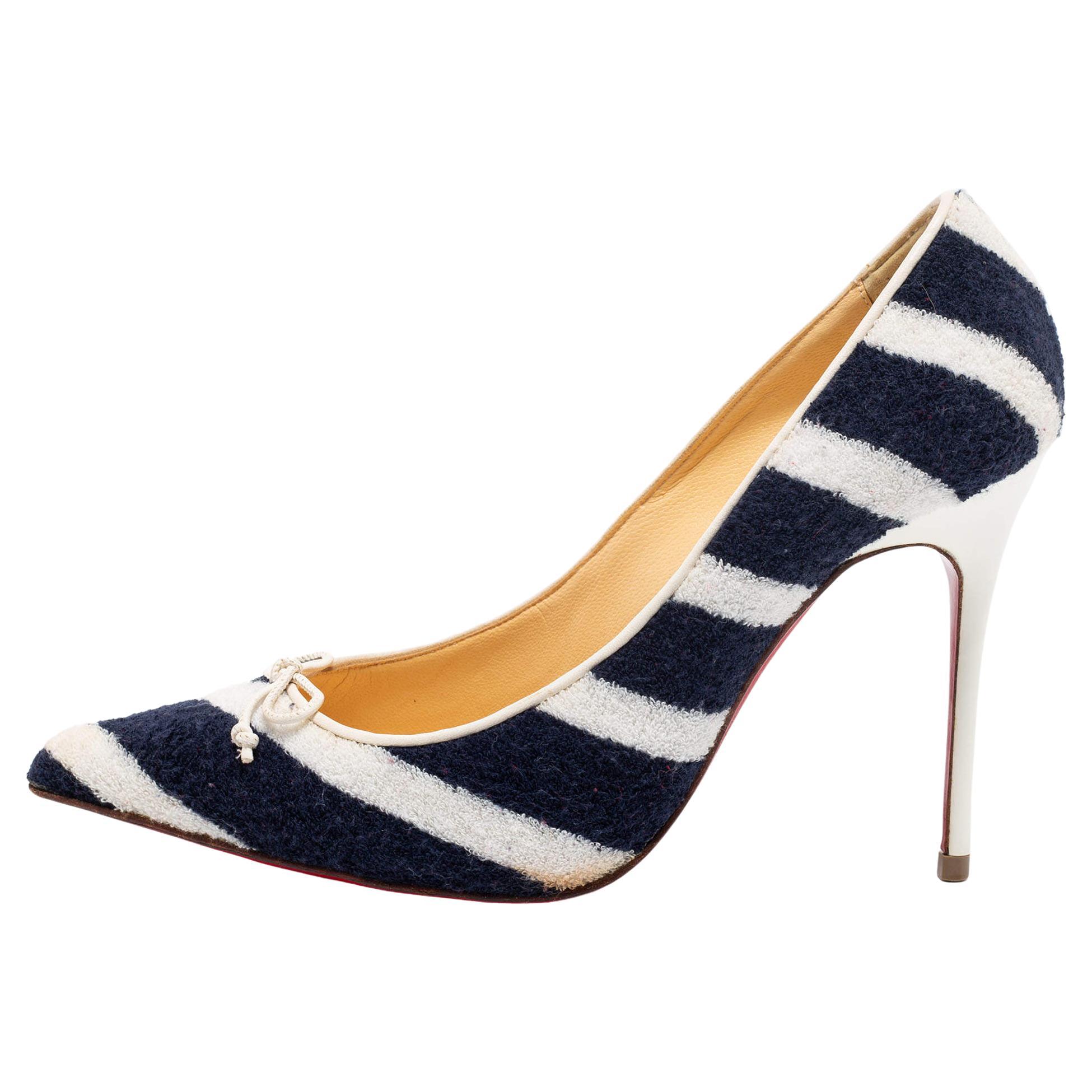 Christian Louboutin Navy Blue/White Striped Terry Fabric Decollete Spa Pumps For Sale