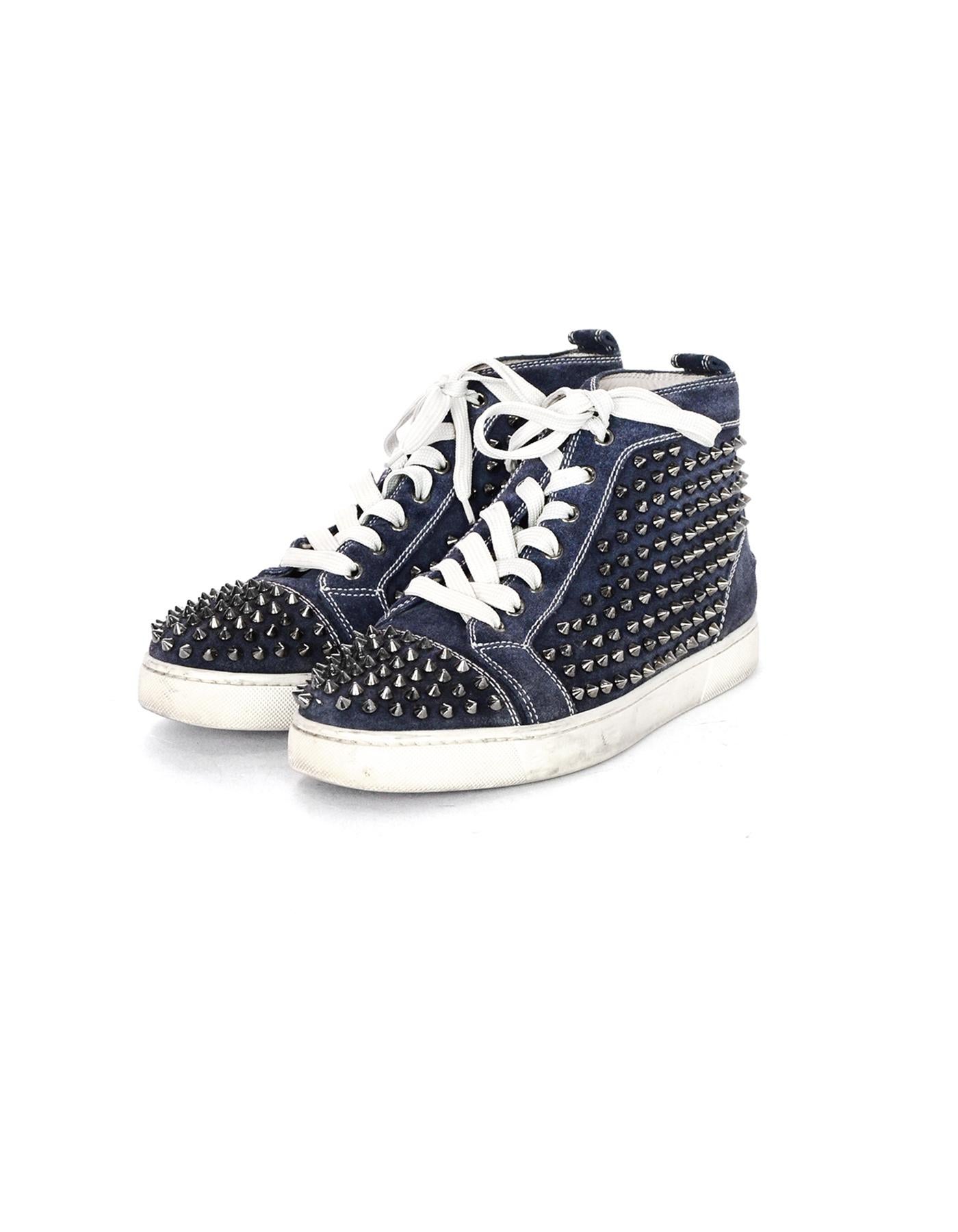 Black Christian Louboutin Navy Suede Louis Spiked Hi Top Sneakers Sz 40.5 W/ 2 DB