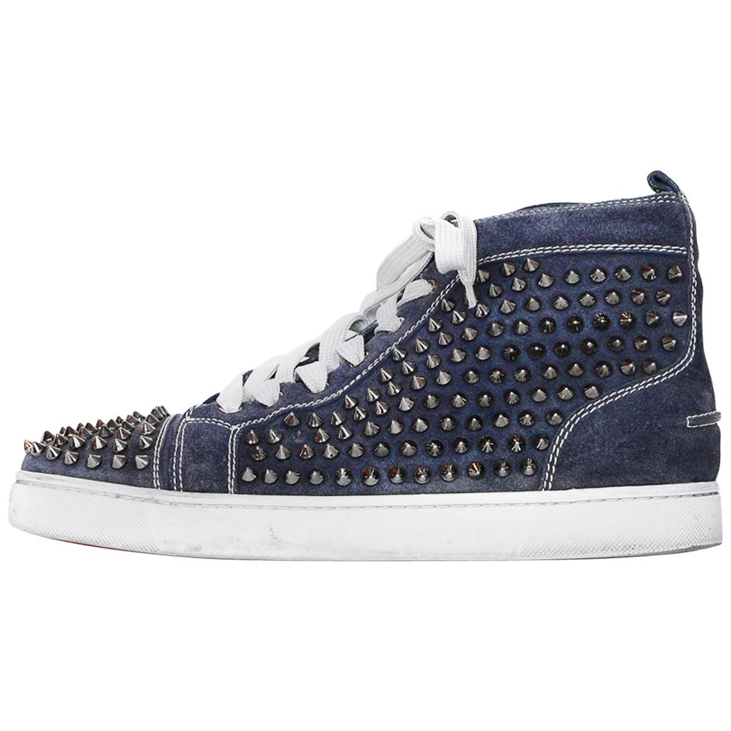 Christian Louboutin Navy Suede Louis Spiked Hi Top Sneakers Sz 40.5 W ...