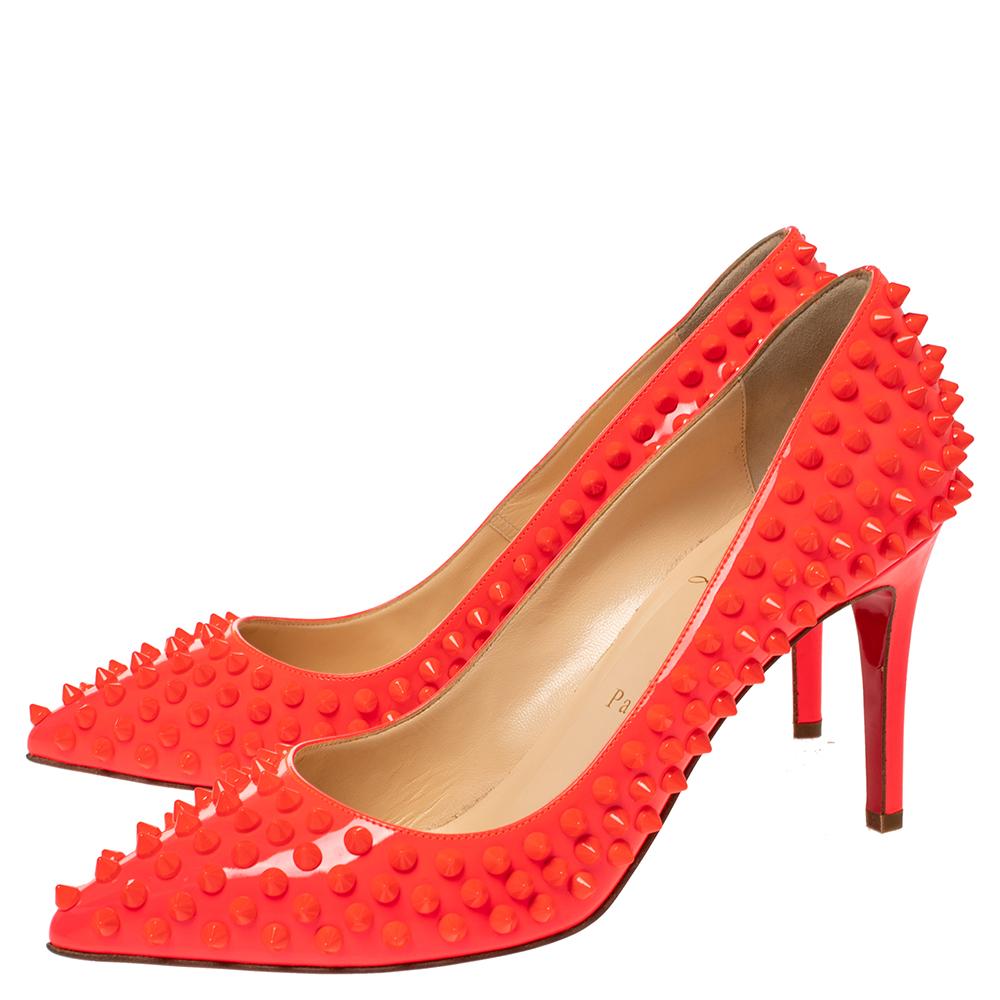 Red Christian Louboutin Neon Coral Orange Leather Pigalle Spikes Pumps Size 38.5
