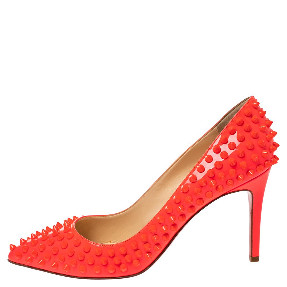 Christian Louboutin Neon Coral Orange Leather Pigalle Spikes Pumps Size 38.5 In New Condition In Dubai, Al Qouz 2