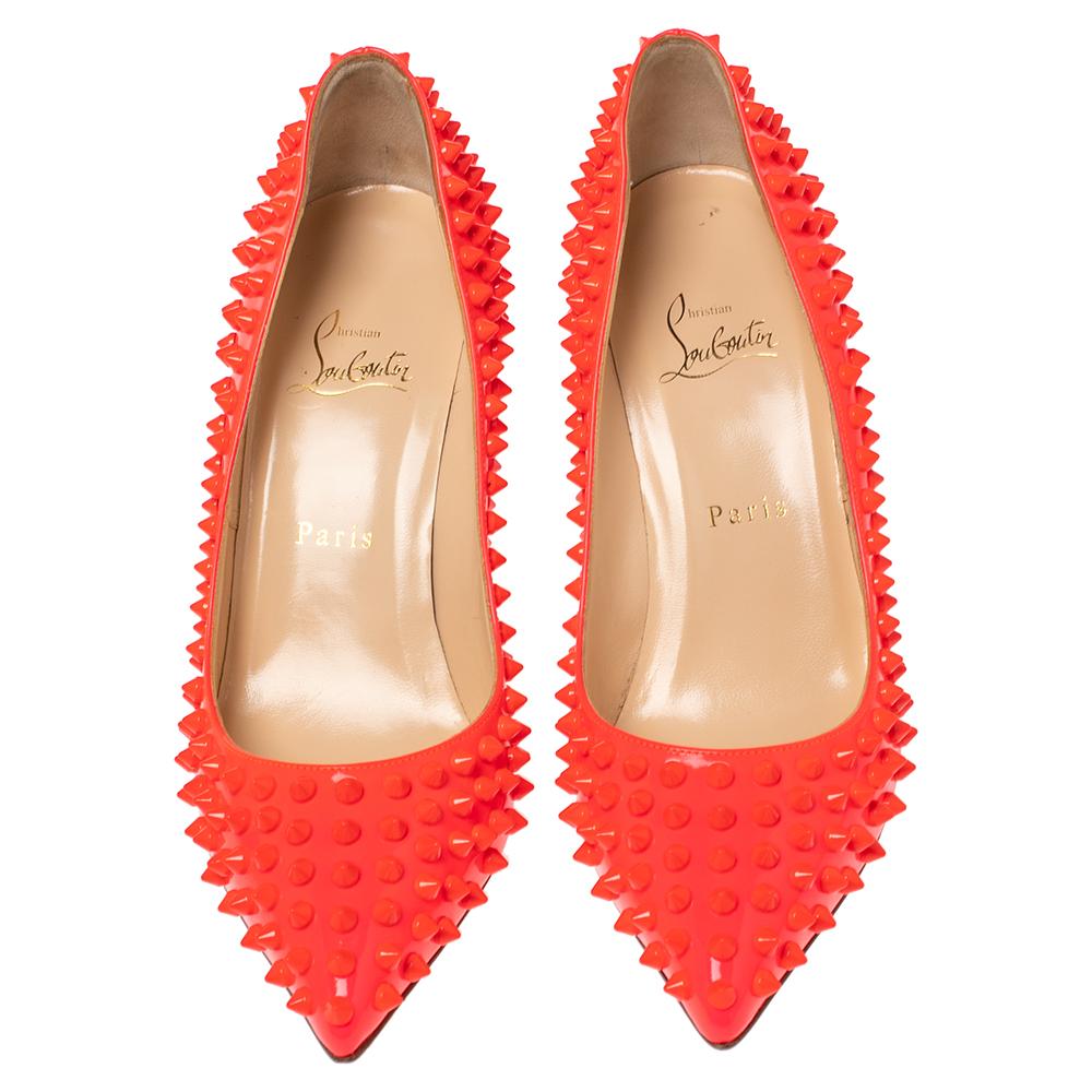 Women's Christian Louboutin Neon Coral Orange Leather Pigalle Spikes Pumps Size 38.5