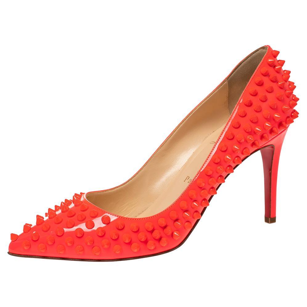 Christian Louboutin Neon Coral Orange Leather Pigalle Spikes Pumps Size 38.5