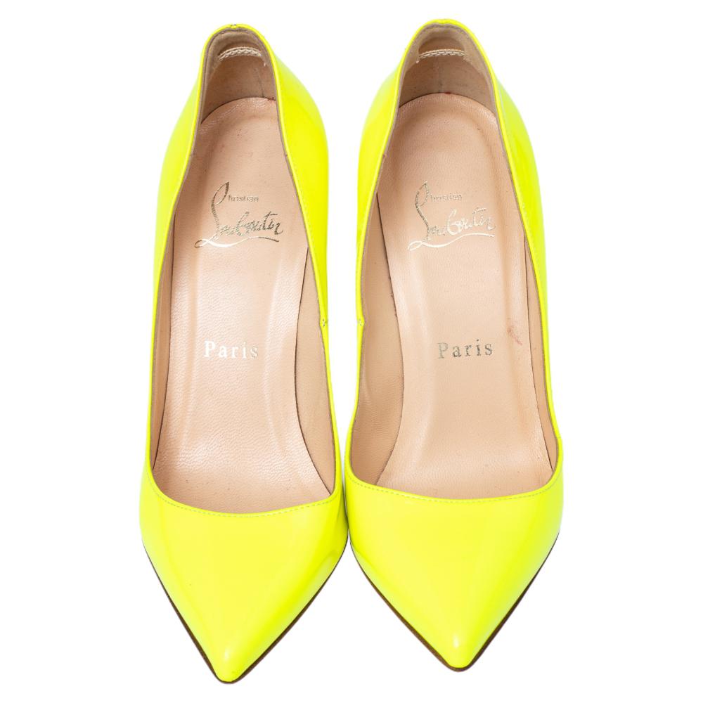 Yellow Christian Louboutin Neon Green Leather Pigalle Follies Pointed Toe Pumps For Sale