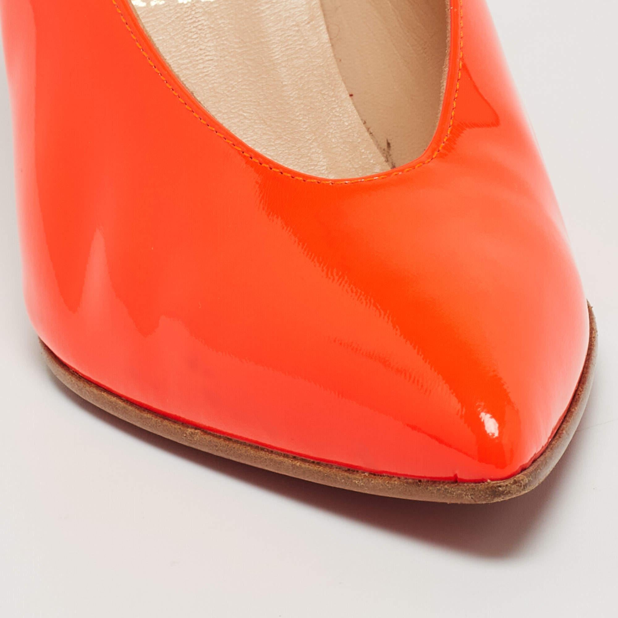 Women's Christian Louboutin Neon Orange Patent Leather Lola Pumps Size 38 For Sale