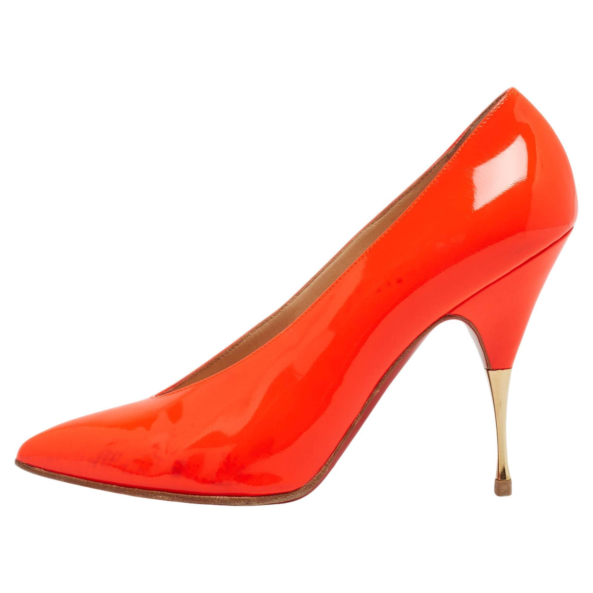Christian Louboutin Neon Orange Patent Leather Lola Pumps Size 38 For Sale