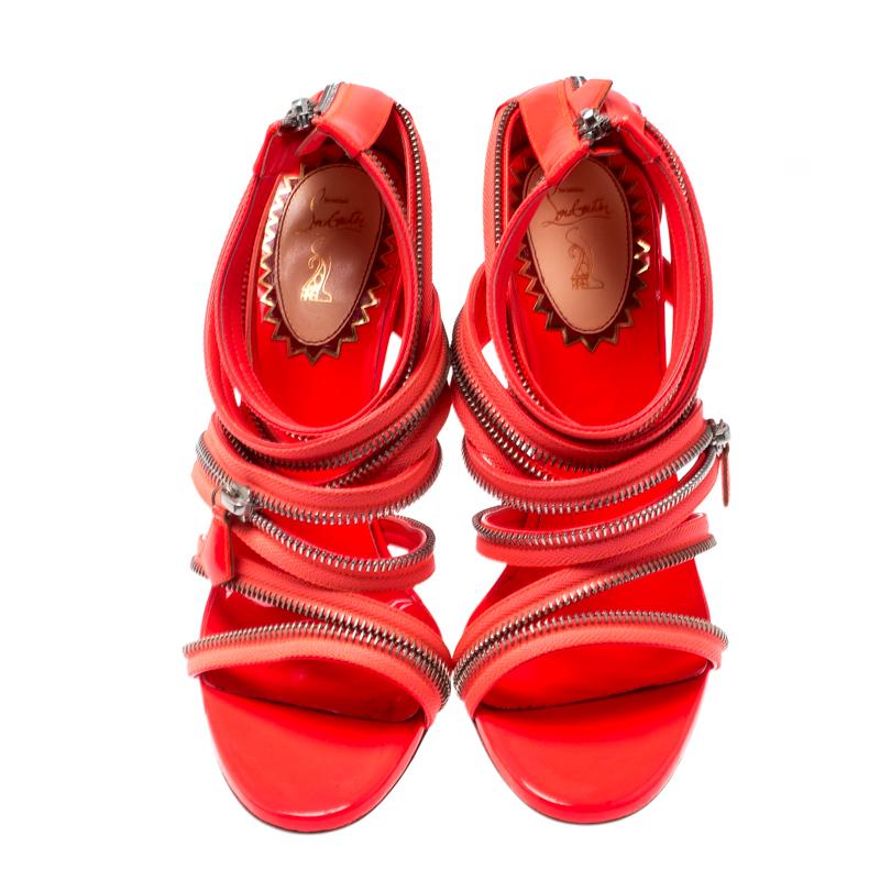 Red Christian Louboutin Neon Patent Leather Unzip Booty Strappy Sandals Size 40