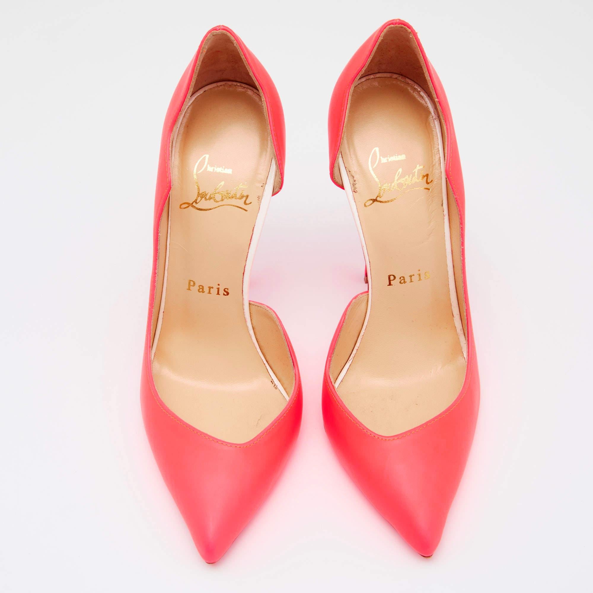 Christian Louboutin Neon Pink Leather Dalida D'orsay Pumps Size 35 In Good Condition For Sale In Dubai, Al Qouz 2