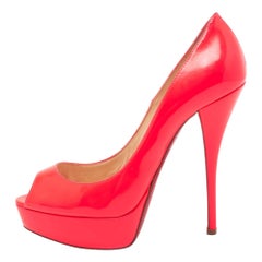 Christian Louboutin Neon Pink Leather Lady Peep Toe Platform Pumps Size 37