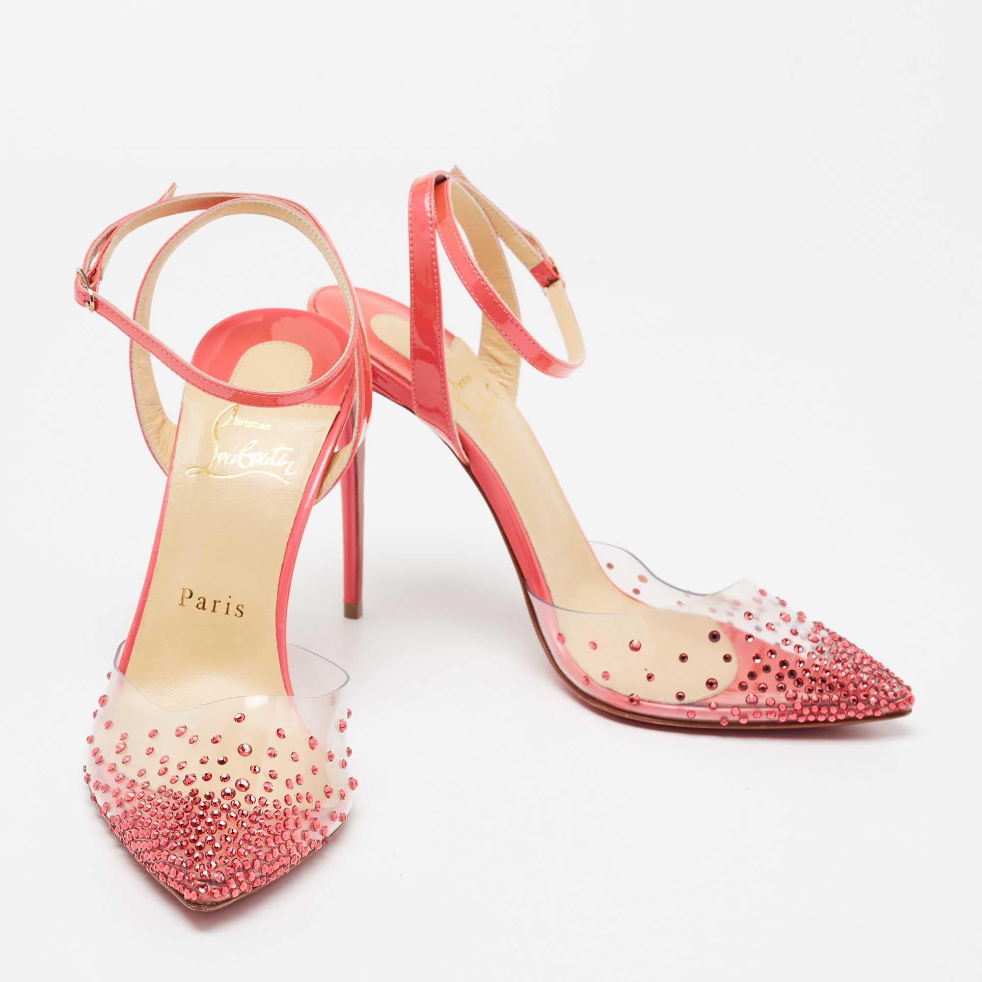 Rock these neon pink Christian Louboutin spike pumps at the next summer party! They have been crafted from patent leather and PVC into an ankle strap design and come with comfortable insoles. Pair the chic 10.5 cm heels with dresses and rompers for