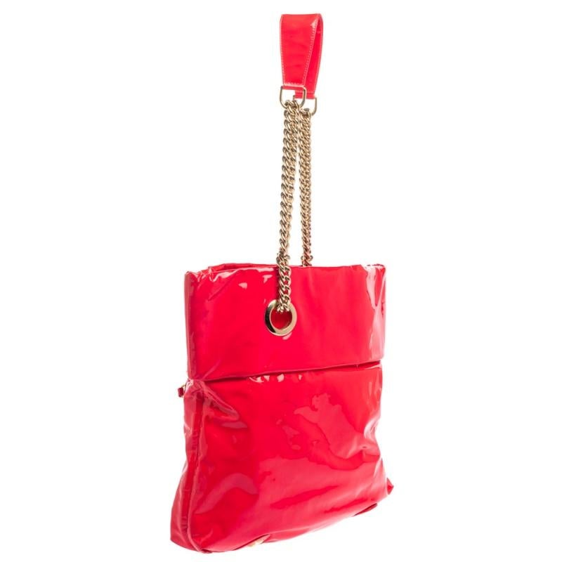 Women's Christian Louboutin Neon Pink Patent Leather Chain Tote